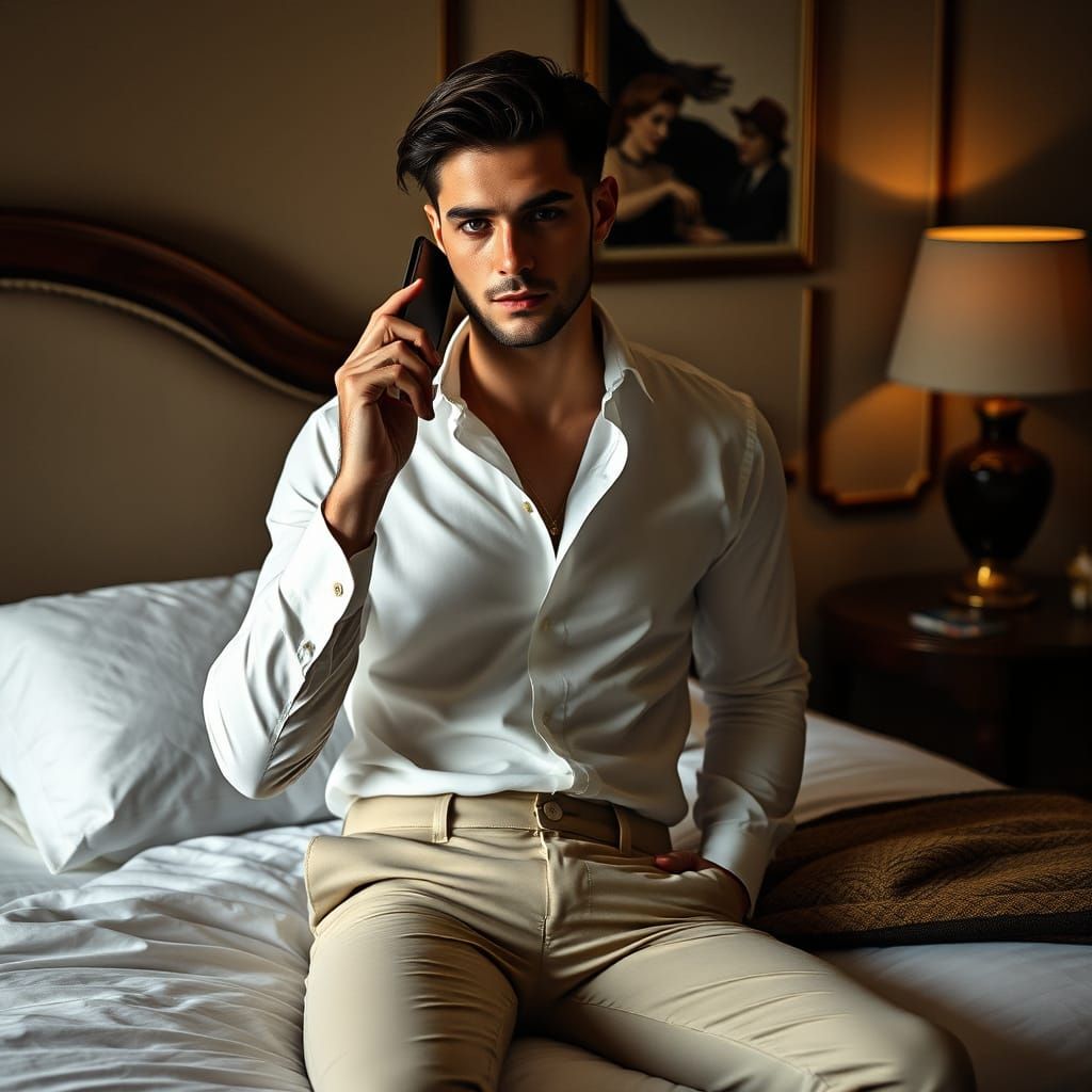 Charming Young Man in Elegant Bedroom Setting