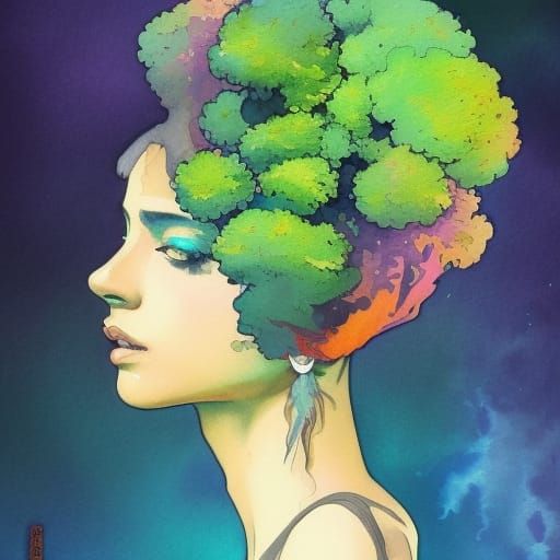 Loose gestural watercolor broccoli Hip hop Lisa frank watercolor , 28k