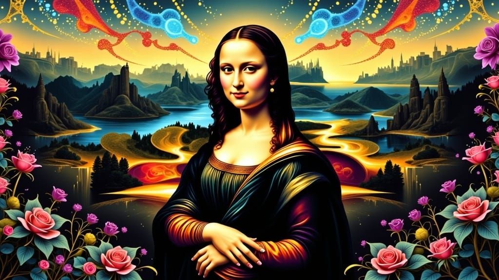 pop art style Mona Lisa/ consumerism, colorful dots, <lora:Luminescent art2:1.0> 