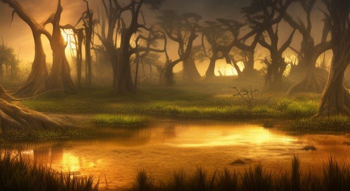 savanna swamp forest desert shrubland oasis sunset clear