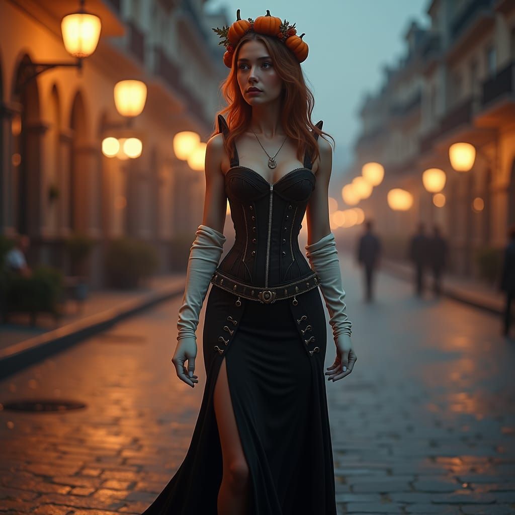 Girl wearing pumpkin shaped hat walking on the street on Halloween