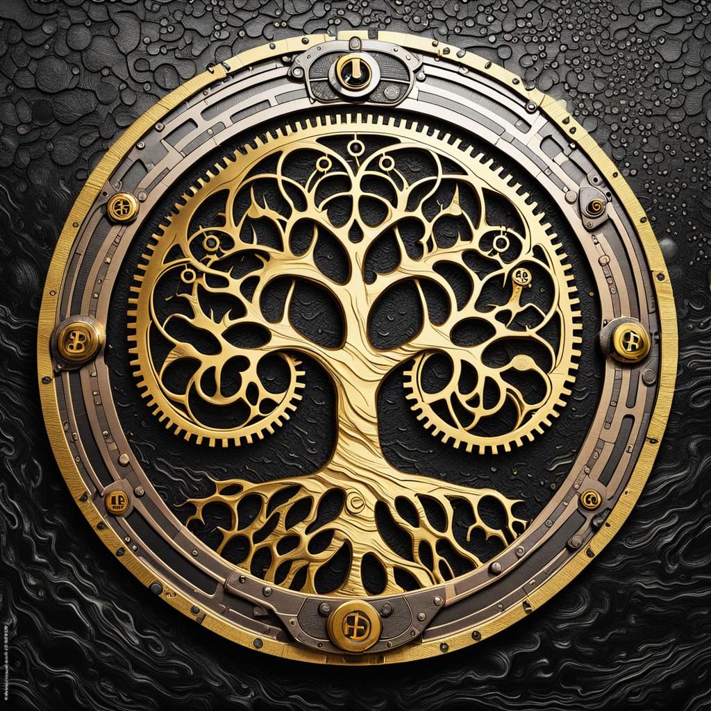 Bitcoin Merkle Tree with textured old black and gold leather...