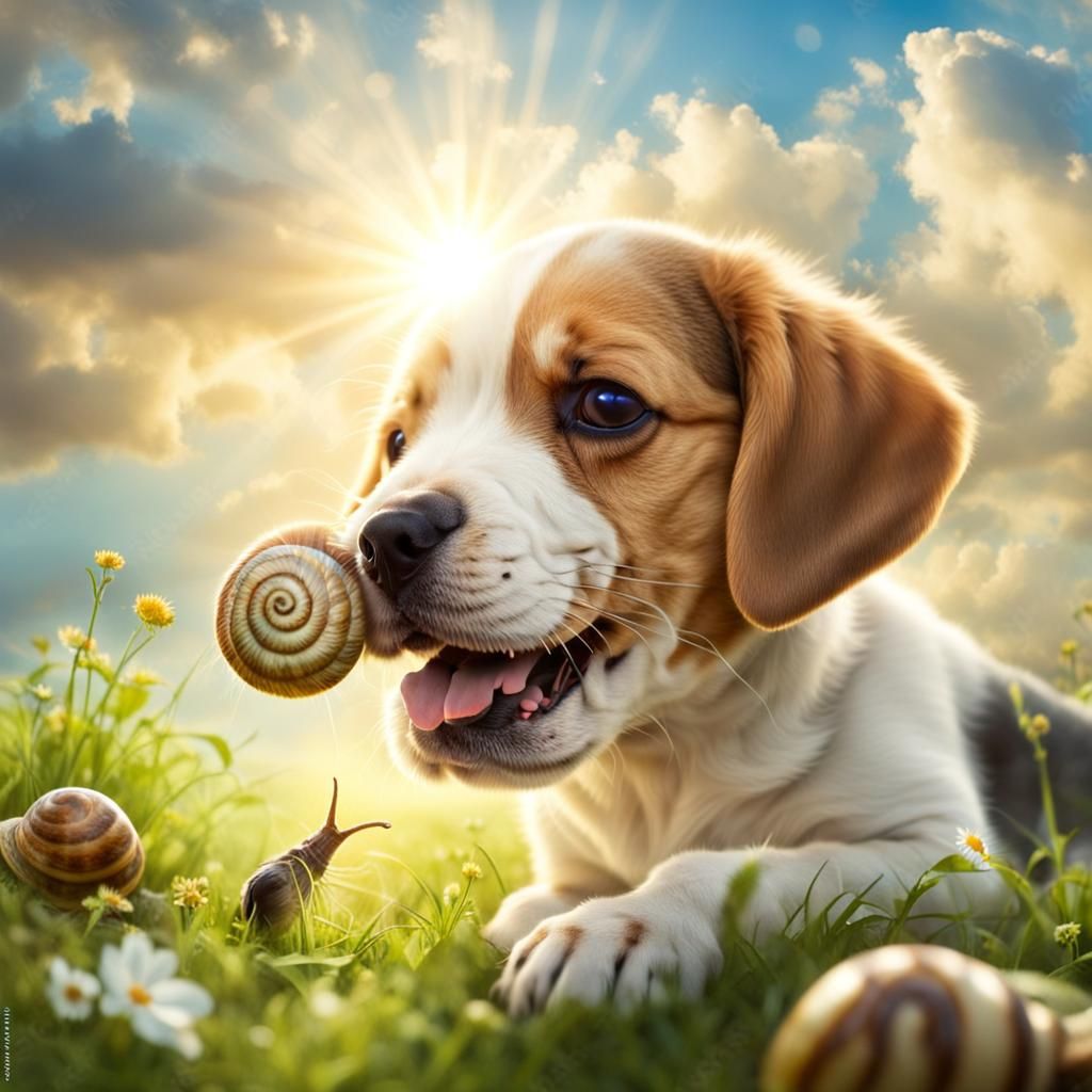 A happy puppy playing with a snail