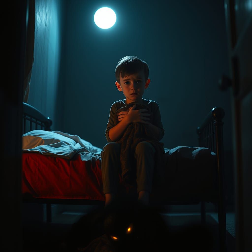 Terrified Boy in Dark Bedroom with Monster