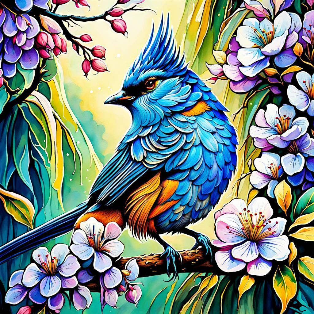 Blue Blossom bird portrait Stylized splashy Watercolour by JB ...