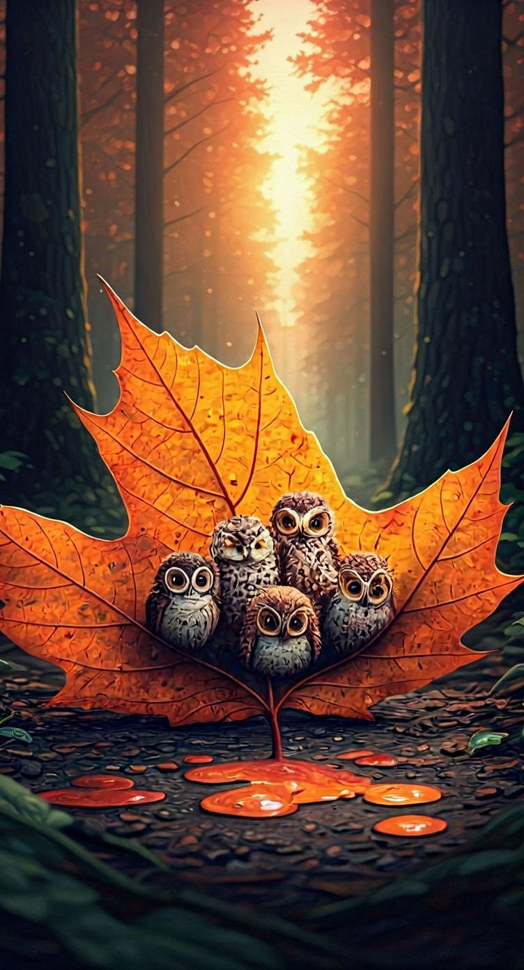 A village of miniature owls inside of a colorful Autumn leave that has fallen onto the forest bed, gathering for the long nights ahead. 