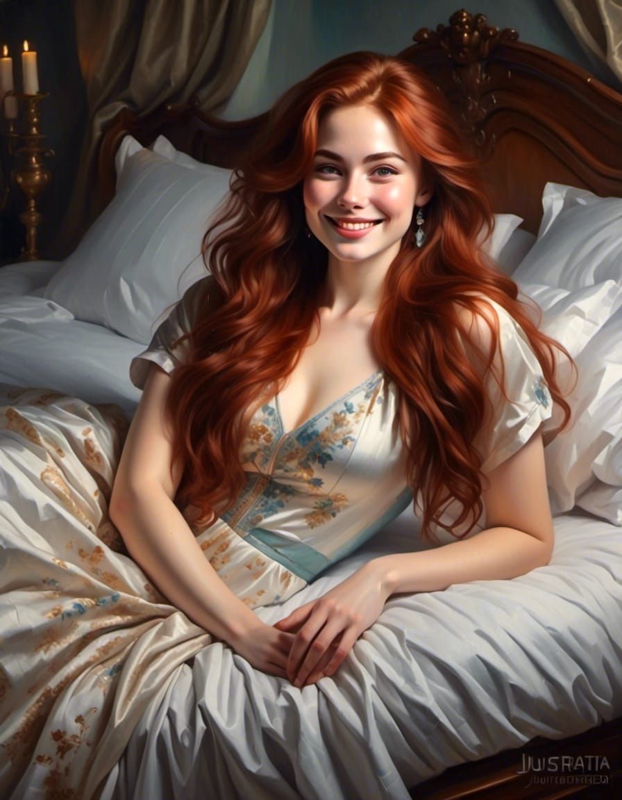 A beautiful curvy young woman with long straight auburn hair...