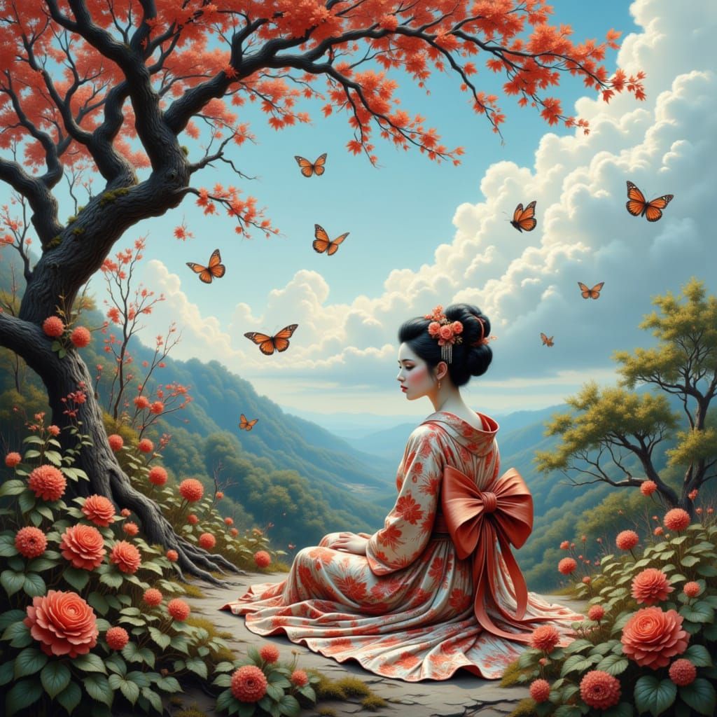 Beautiful Geisha in Lush Forest with Butterflies