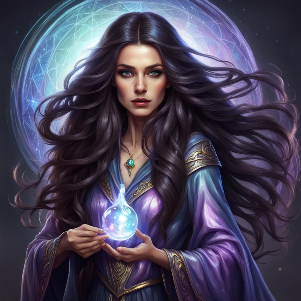 iridized female wizard with dark flowing hair - AI Generated Artwork ...