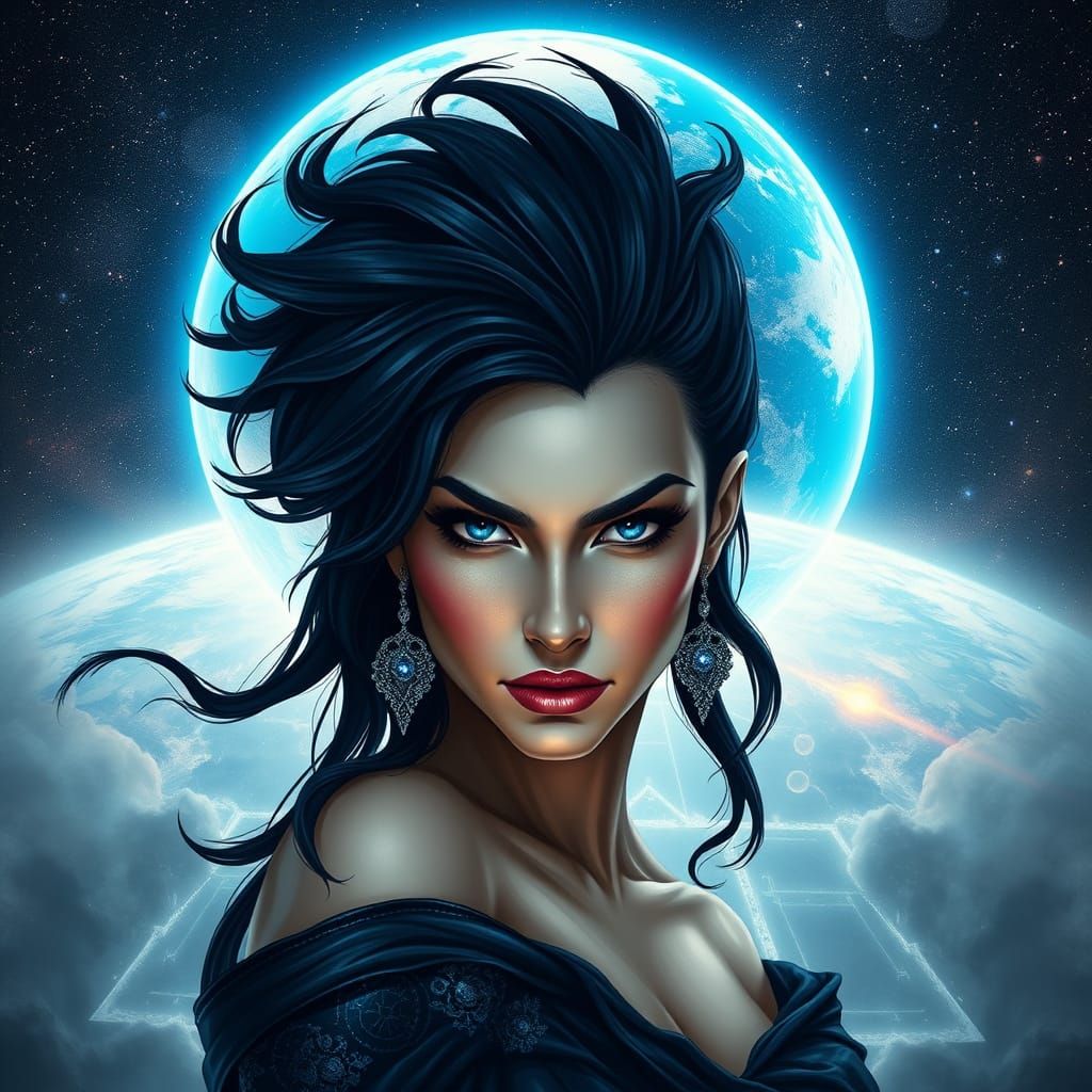a fierce woman with a blue planet behind and cosmos behind the planet 