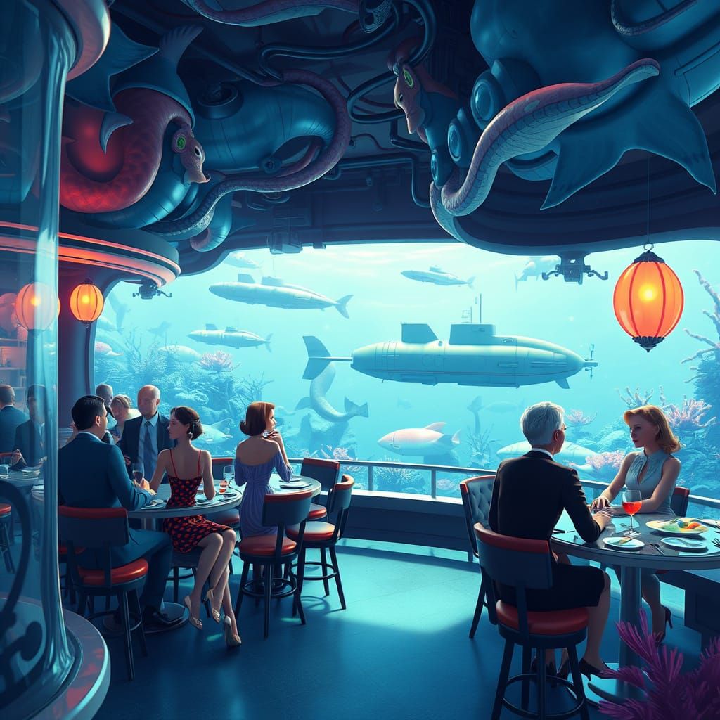 a vibrant luminescent psychedelic undersea cafe where people sit surrounded by mermaids and sea creatures ...  by @Kevi