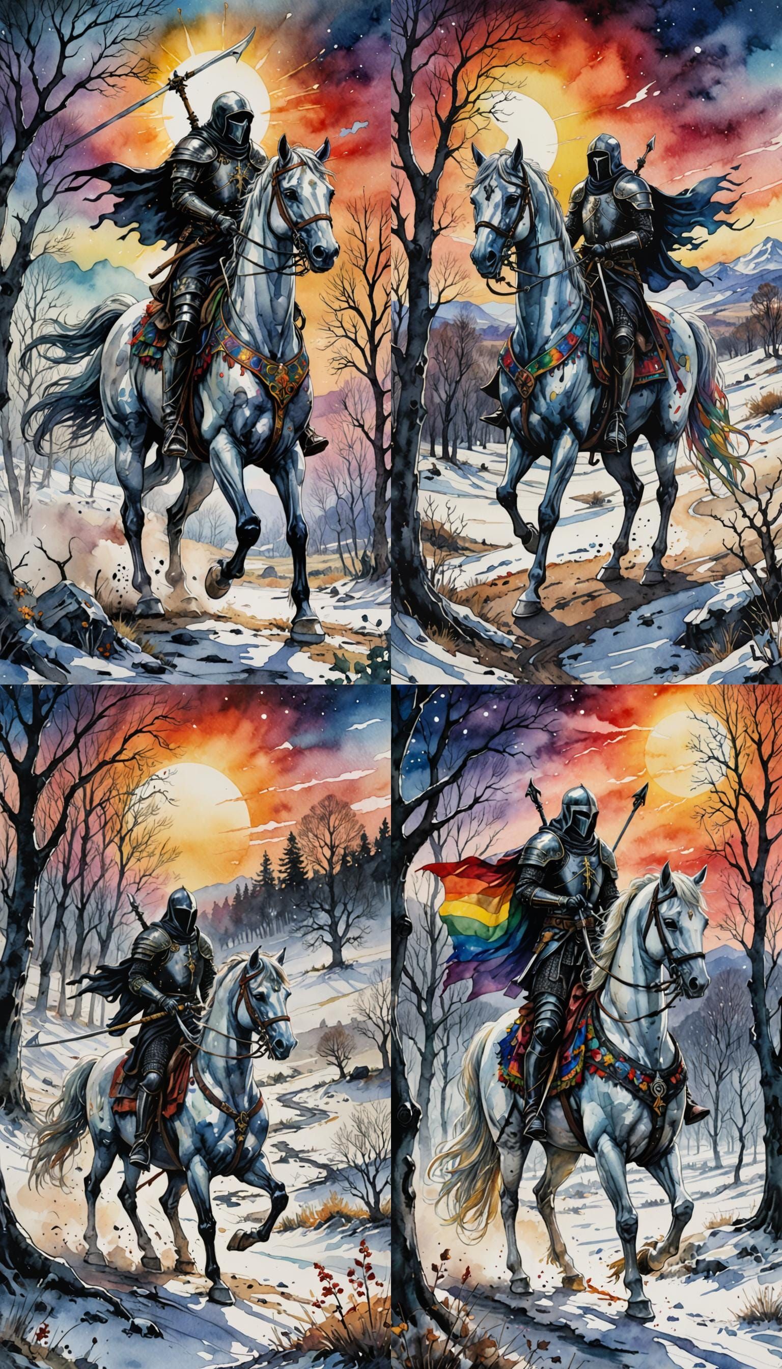 Death tarot, watercolor, rainbow. The figure of Death in bla...