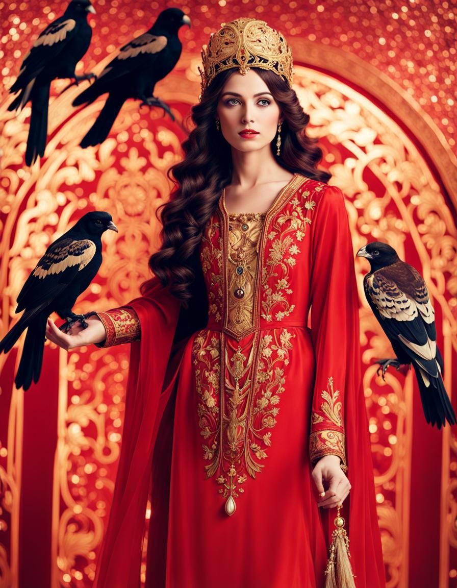 Kriemhild full-figured, beautiful and blackhaired, in golden red clothes,  with a falcon.
 Gustave  Klimt. 