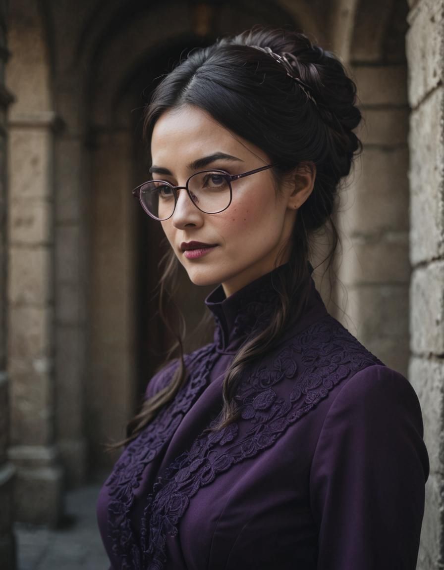 Long dark hair lady in purple dress wearing glasses