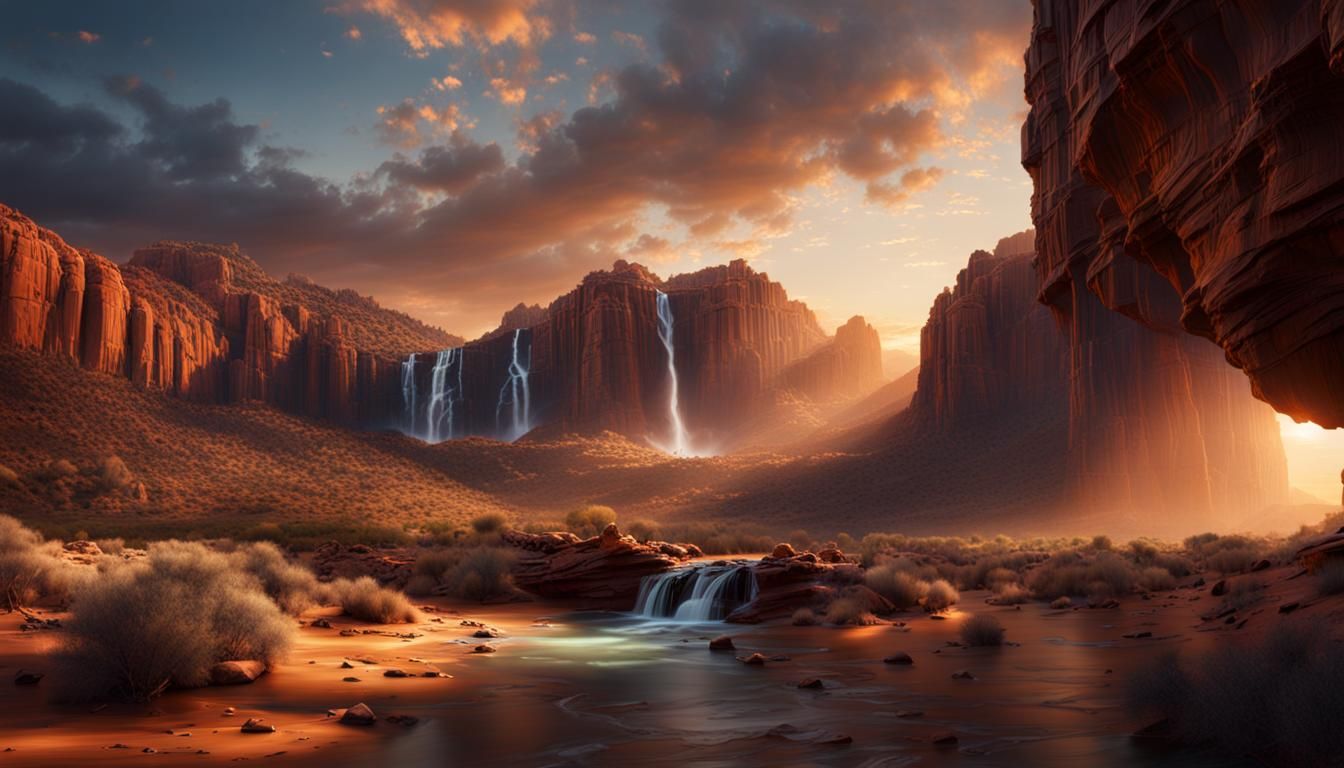 desert canyon with waterfall and sunset
 western australia Epic cinematic brilliant stunning intricate ...  by @undefined