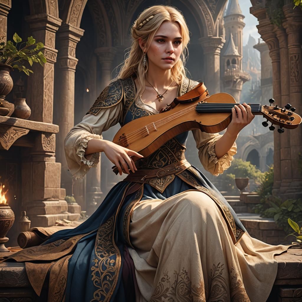 25 year old charismatic female, fine fantasy clothing, blond...