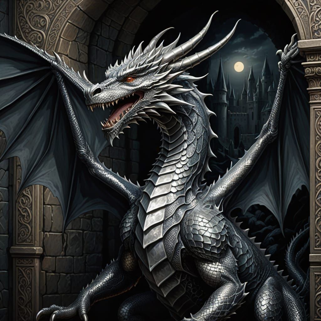 Gothic Argent Dragon Amidst Ruins in Moonlit Glow