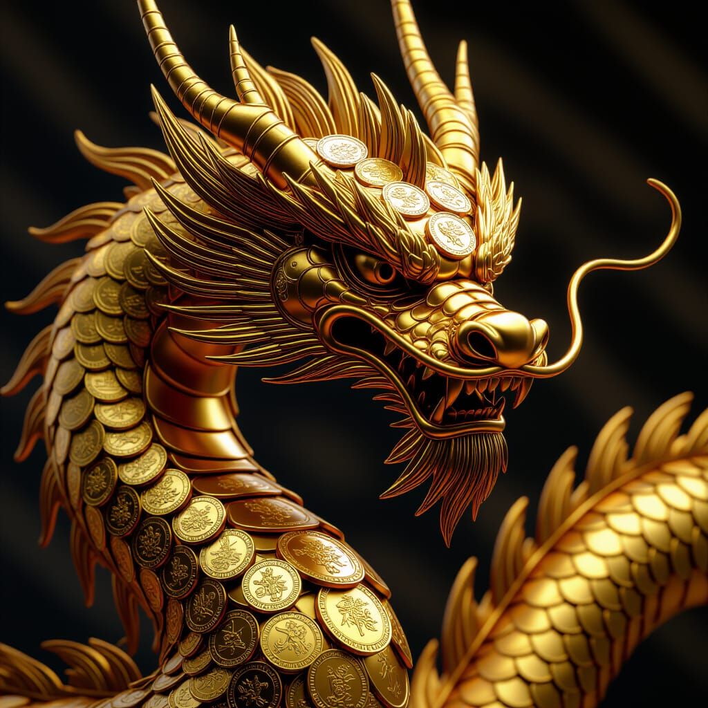 close up view on a golden dragon. it has no normal scales, instead there are medieval coins. detailed ...  by @MiTh93