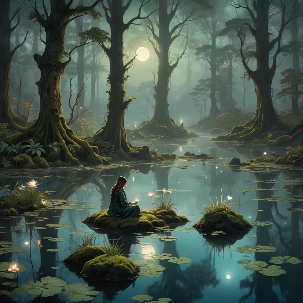 Mystical Moonlit Lake: Baby Witch Art Nouveau