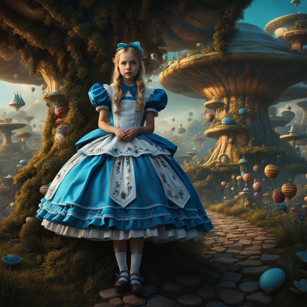bambina bionda con vestito azzurro e calzettoni a righe, sti...