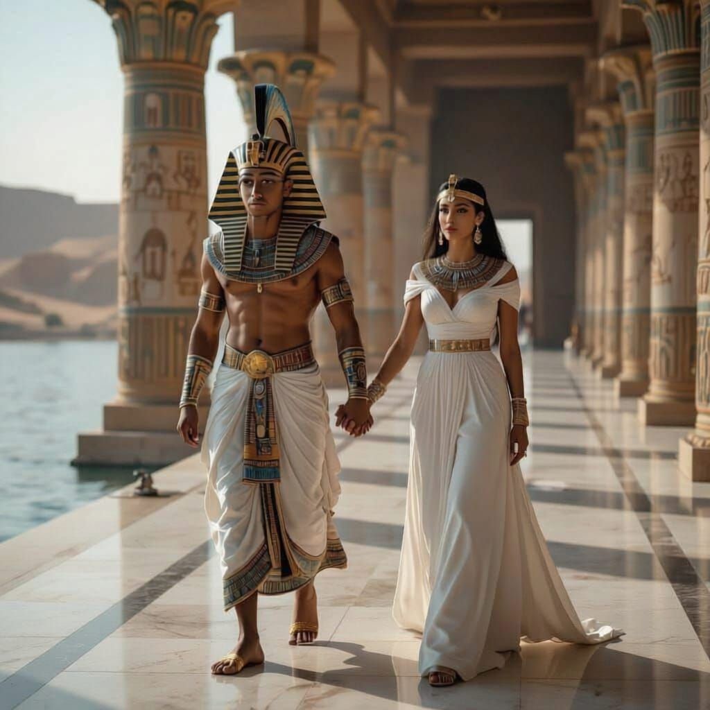 ancient Egyptian king with brown eye, walking by the bank of the nile on his  marble floor of the silver themed temple holding the hands with...