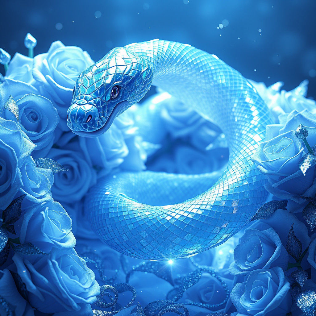 ""A Crystal Snake Near Blue Glittering Roses""
