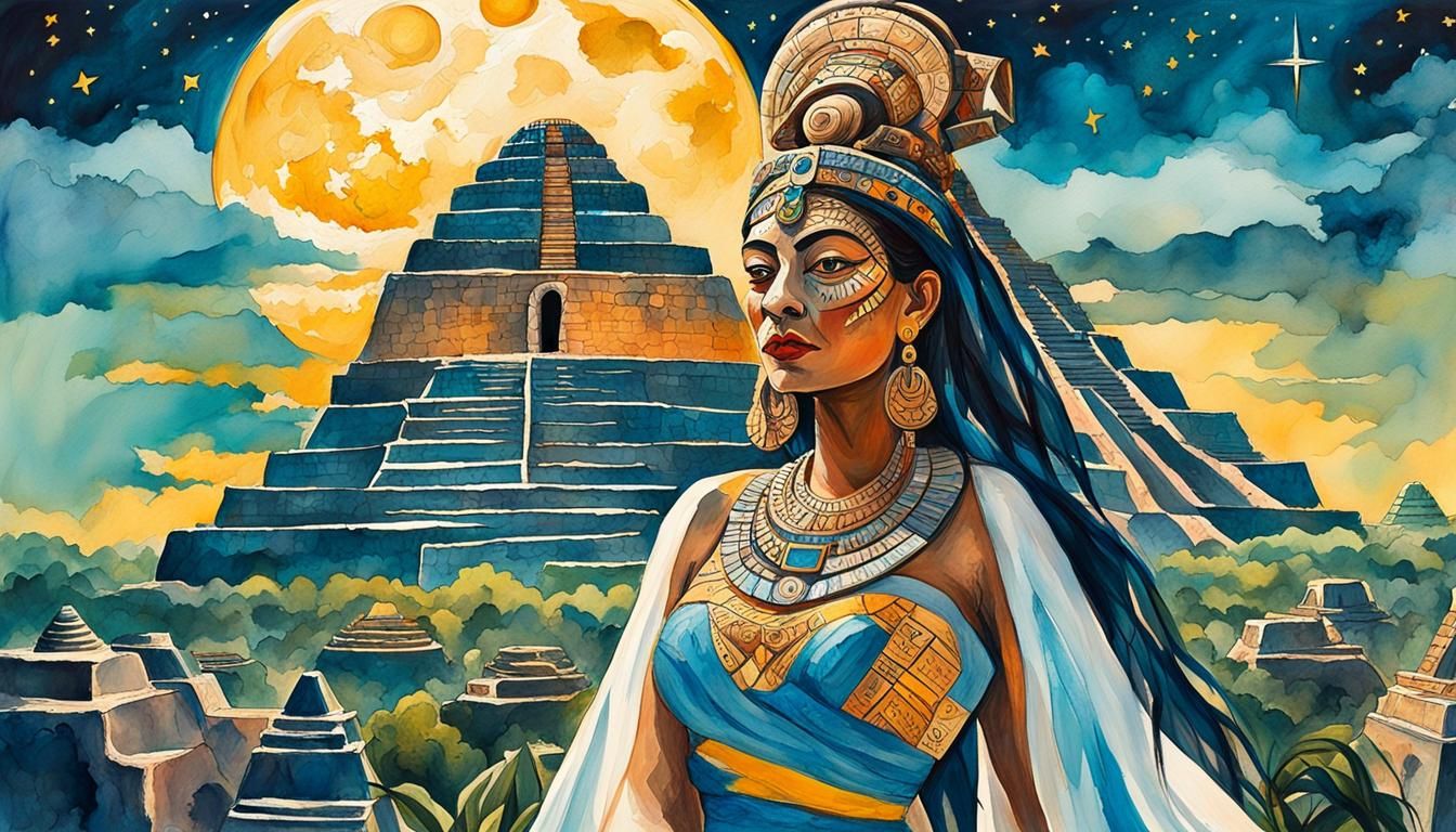 Mayan queen with beautiful bosom and wide hips looks from a ...