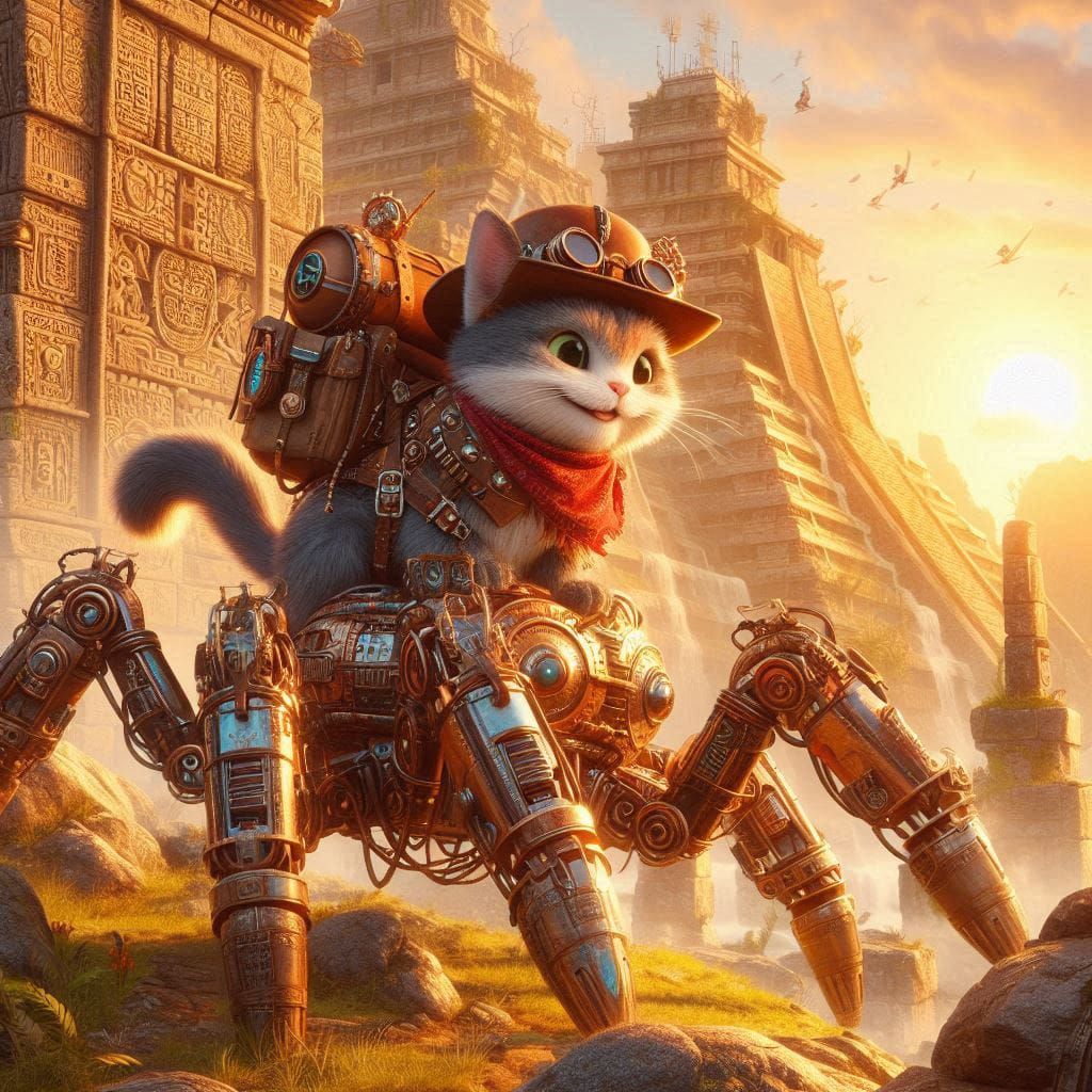 Exploring cat on a steampunk spider