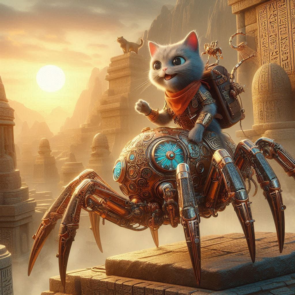 Exploring cat on a steampunk spider