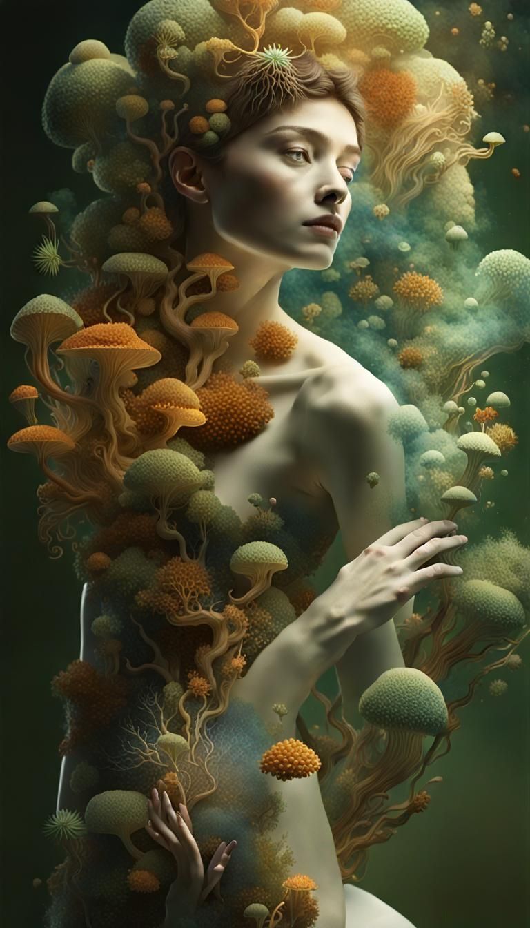 the woman explodes in mycelium network in warped perspective...