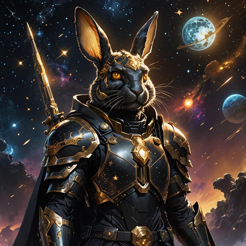 Design a detailed realistic poster featuring a realistic full black rabbit with no facial hair, very big and long ears, large glowing white...