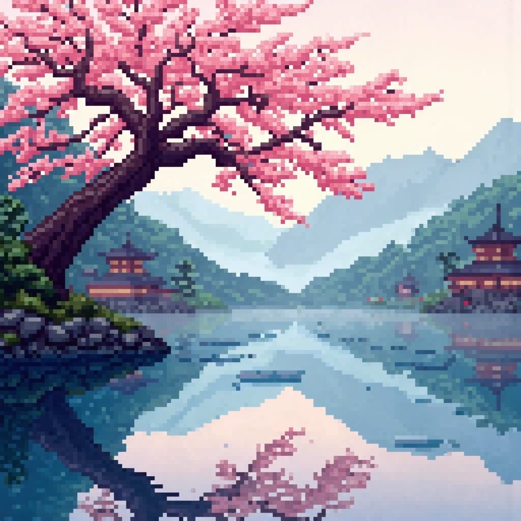A beautiful ancient sakura tree in front of a lake. Mountains and Japanese temples in the background. <lora:PixelCarnaval:1.0> 