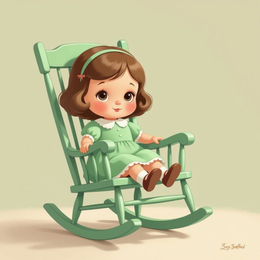 Mint Green Doll Rocking Chair in Whimsical Illustration Styl...