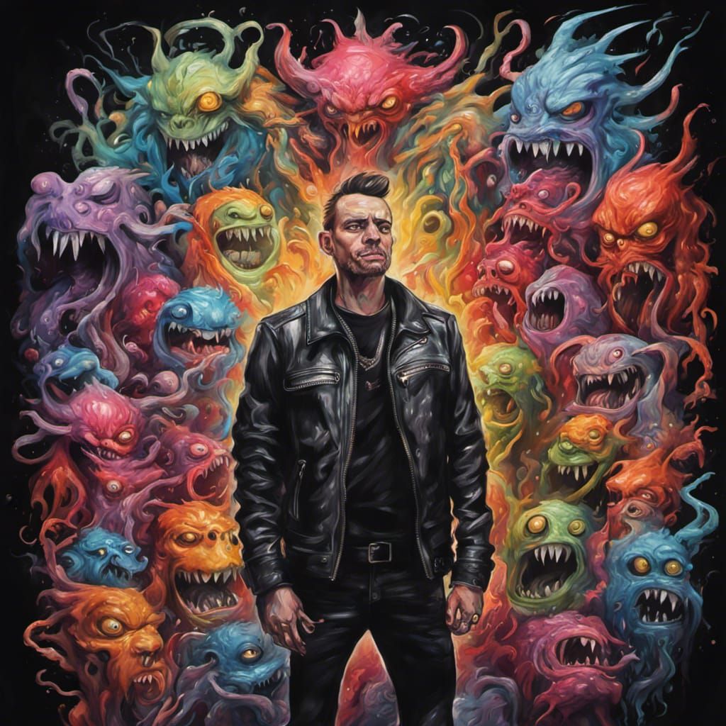 Portrait of a cocky man wearing a leather jacket surround by...