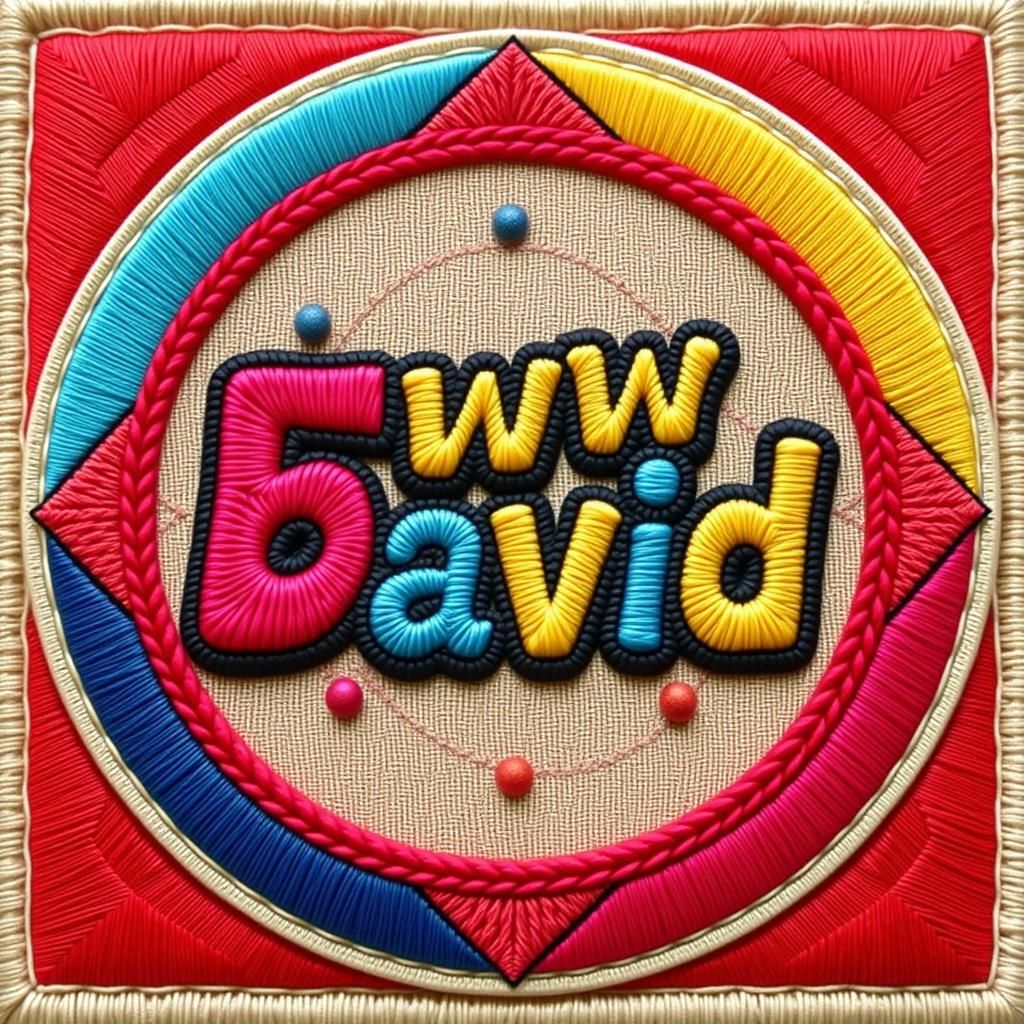 An embroidered image with a stitched border and the words "Eww David" in various fonts in the middle Screen print, pop art, splash screen ar...