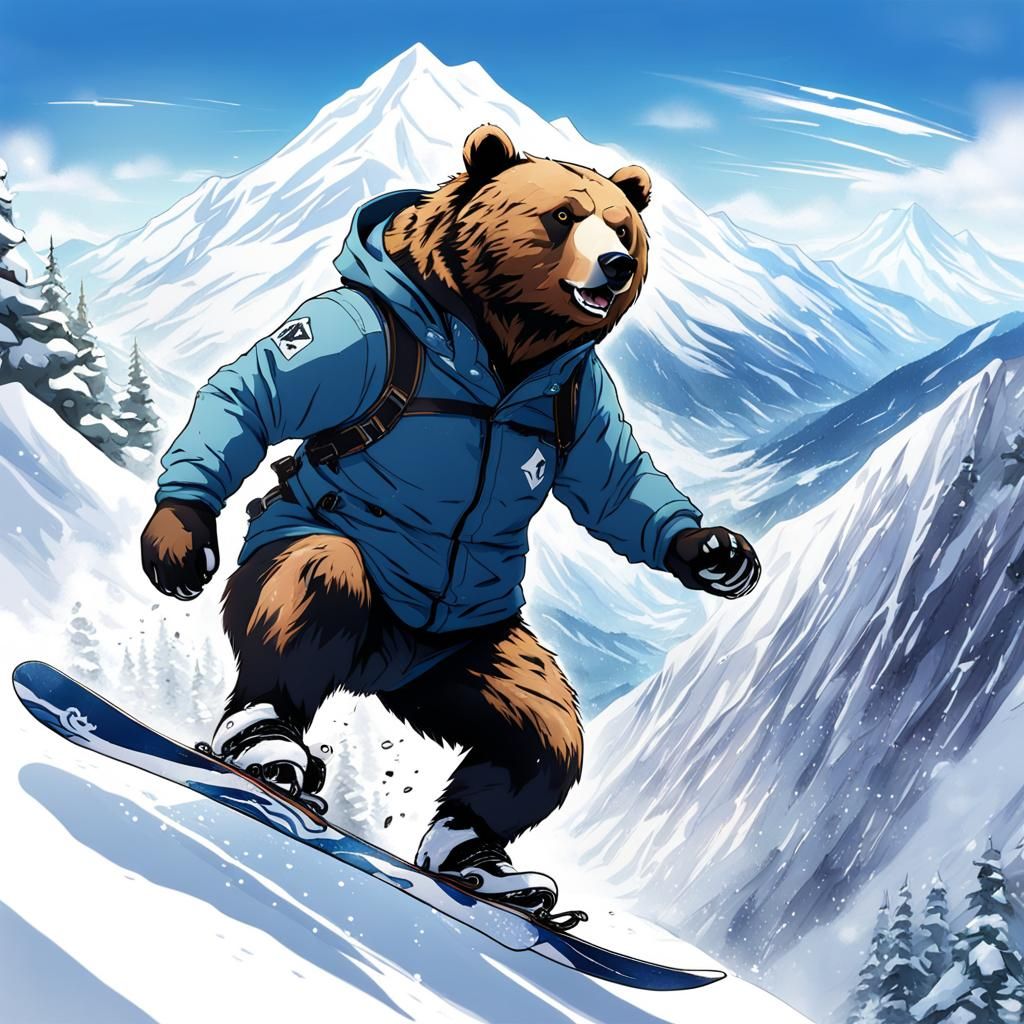 Winter sports, bear snowboarding down a snow covered mountain  by @Heather