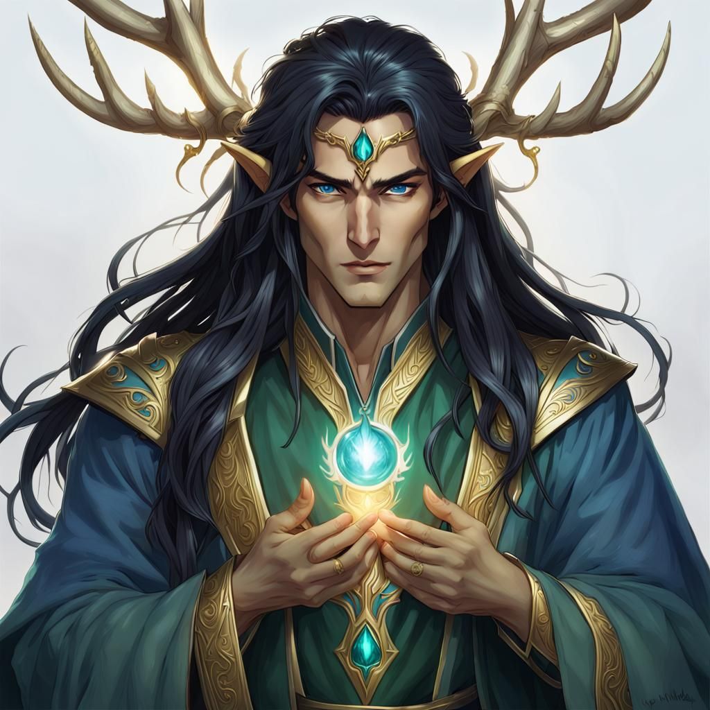 Male Sun Elf Wizard With Long Black Hair, Golden Skin, Green Eyes, Blue 