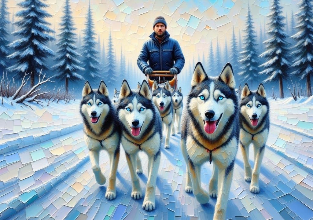 Expressionist impasto close-up painting from a low angle of a man with a herd of huskies facing viewer, blue eyes, pulling a sled, ice on fa...