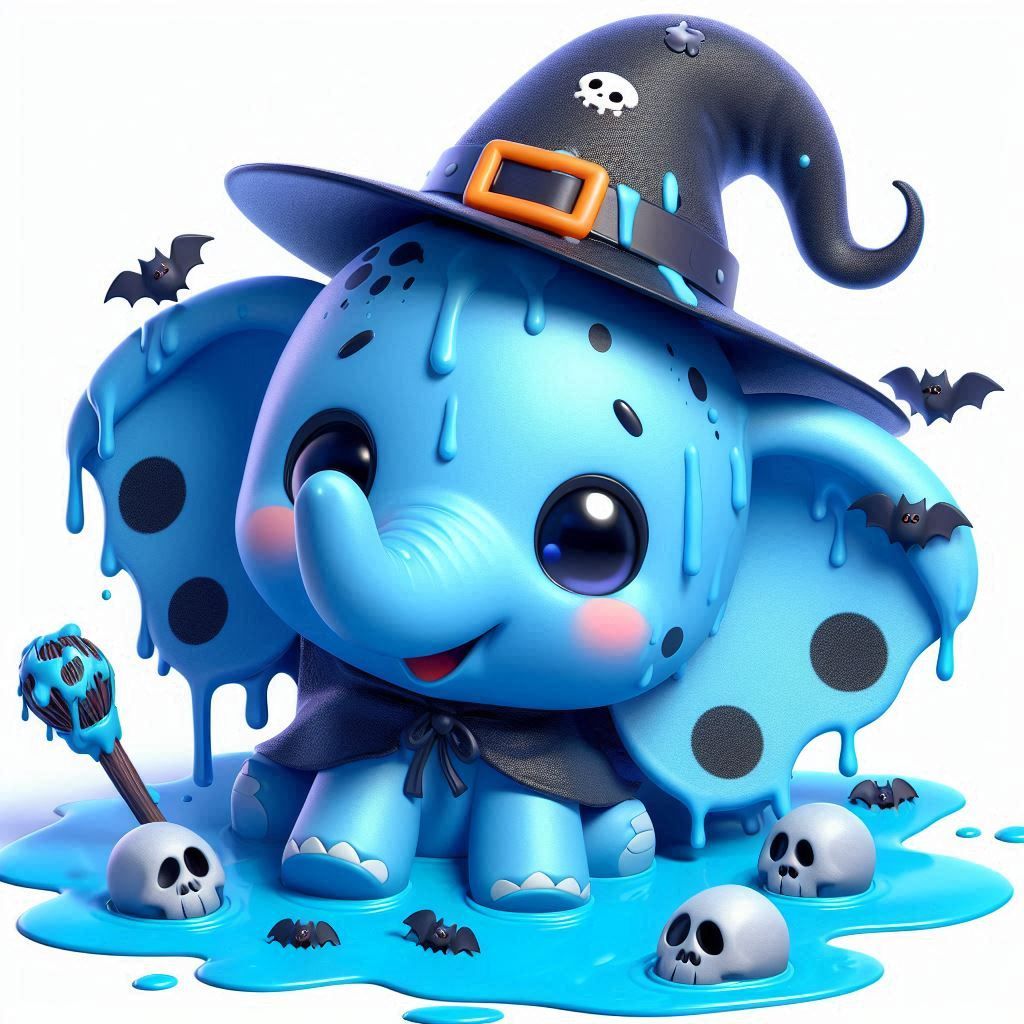 adorable spooky blue elephant with black dots, taking a bath...
