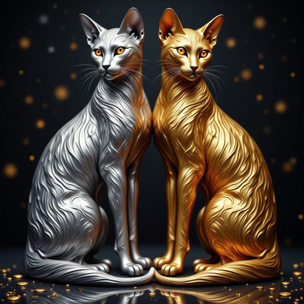 two siymmetrical metalic  silver and gold cat <lora:The MetalWind of Red:1.0> <lora:Lucky:1.0> <lora:Symmetry:1.0>
