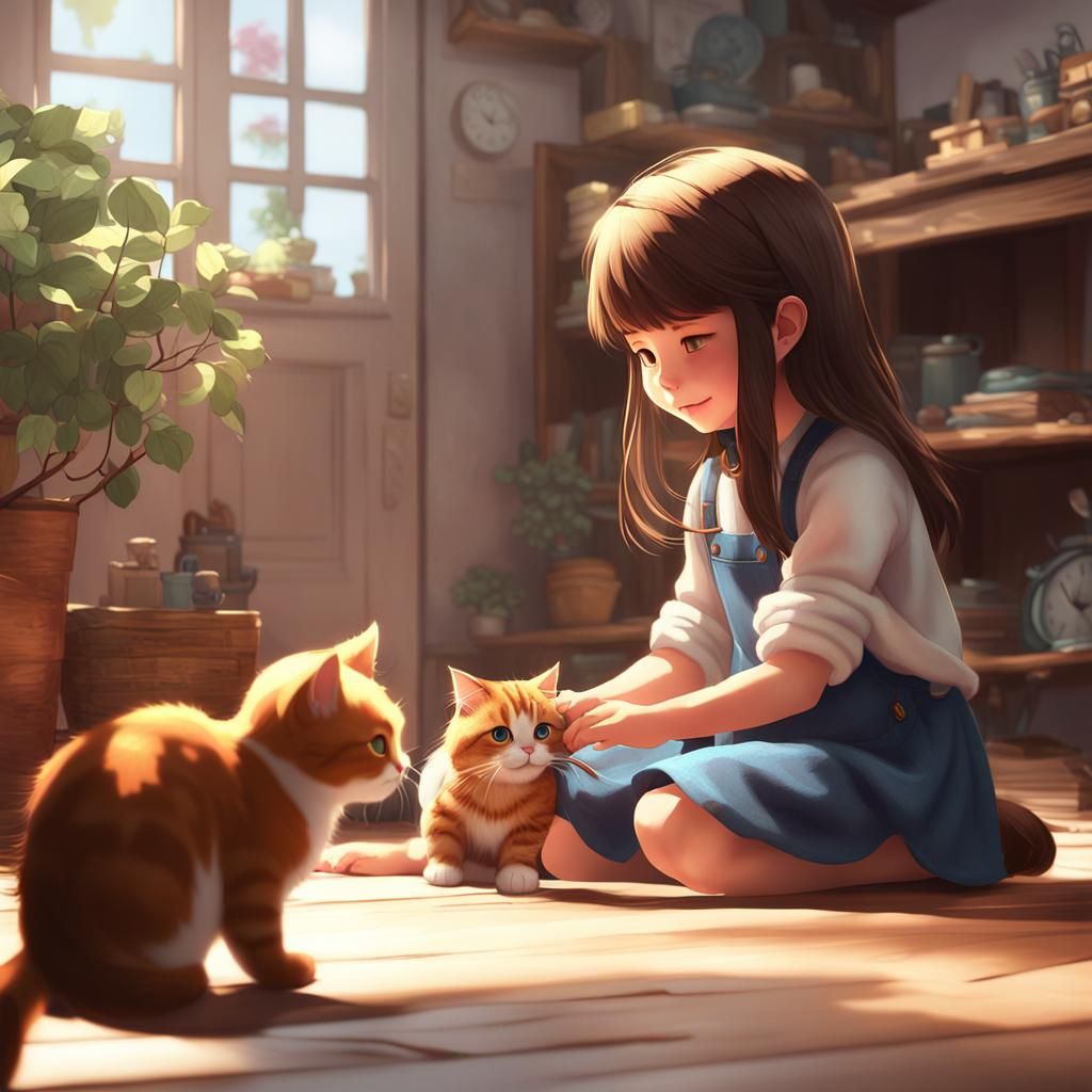 a little girl with long brown hair play with a cute cat in a home By artist  