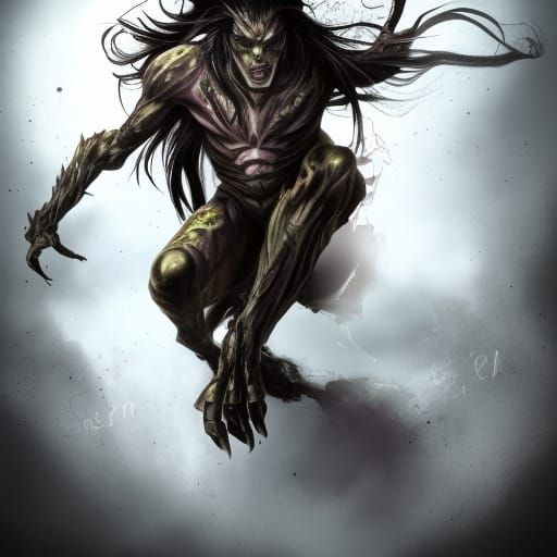 Tall pale scorpion man with long black hair
