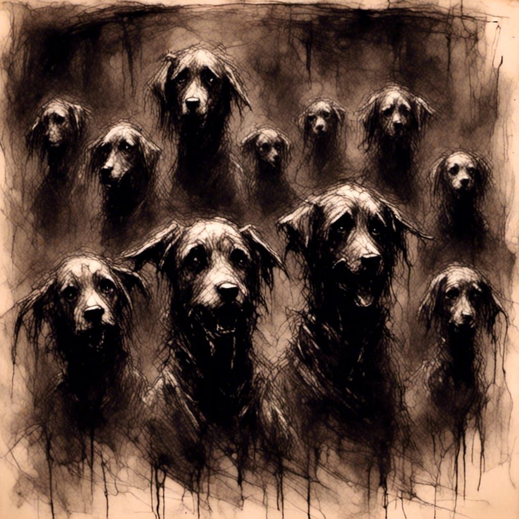  <lora:Psychix:1.0> charcoal sketch of the dogs of sarcasm