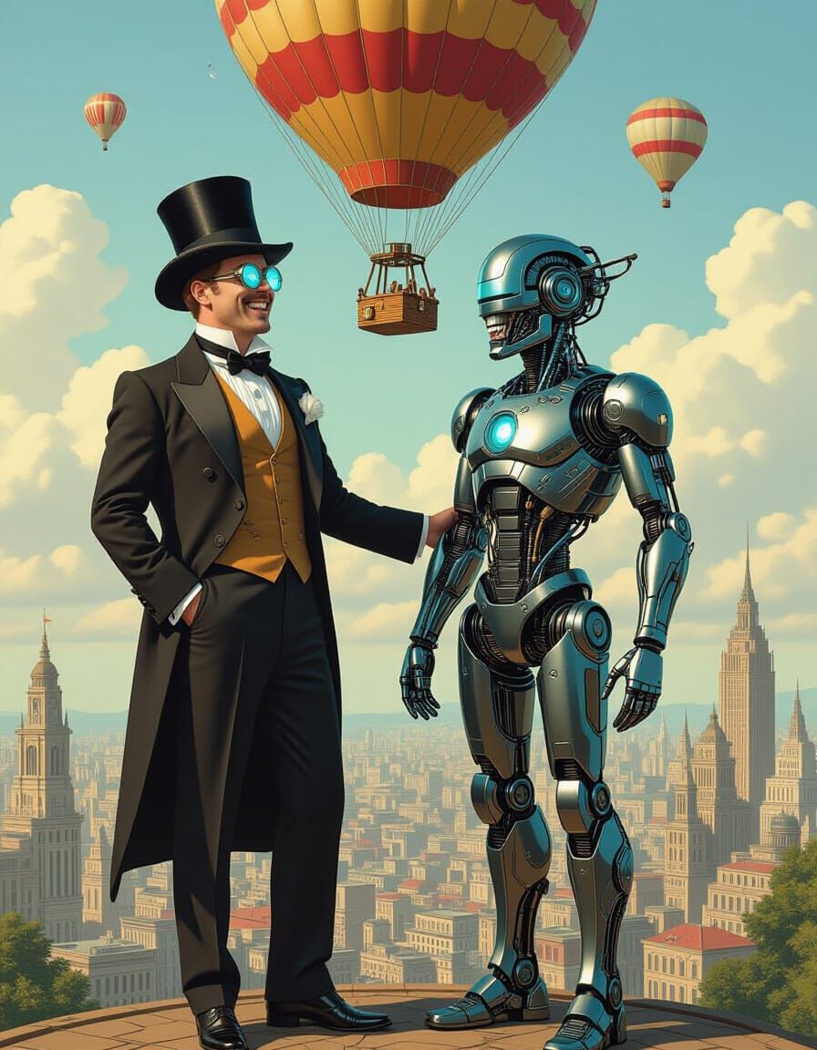 An unlikely duo - a Victorian-era gentleman with a top hat and monocle stands alongside a futuristic cyborg