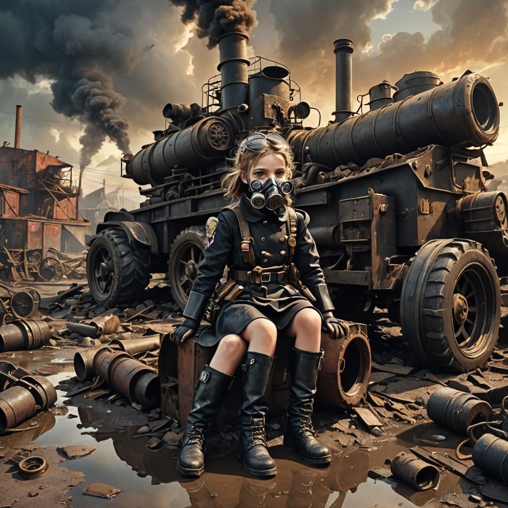 diesel punk world war 2 industrial  1940s wasteland artillery panzer military  high range little girl officer black dirty uniform  sitting w...
