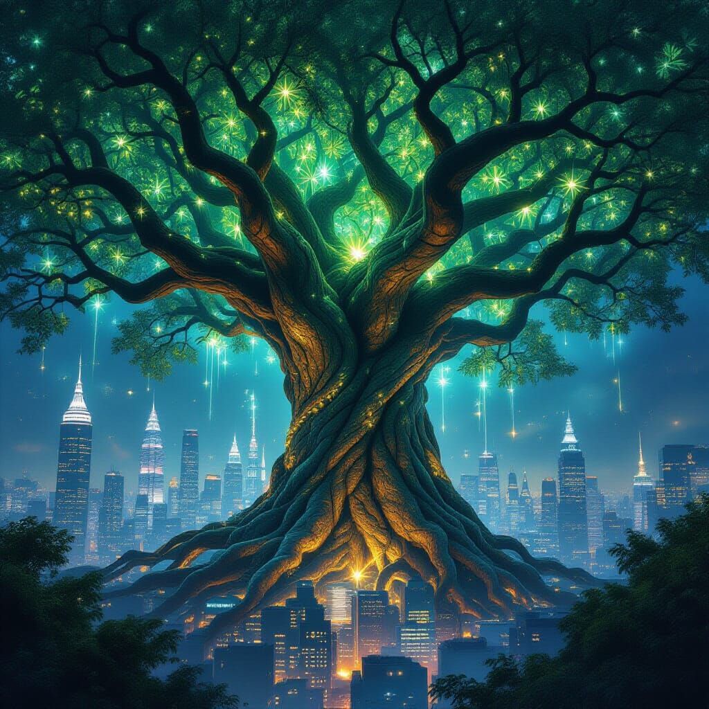 A colossal, ancient tree with bioluminescent leaves, its roots intertwining with the foundations of a sprawling, futuristic metropolis. The ...