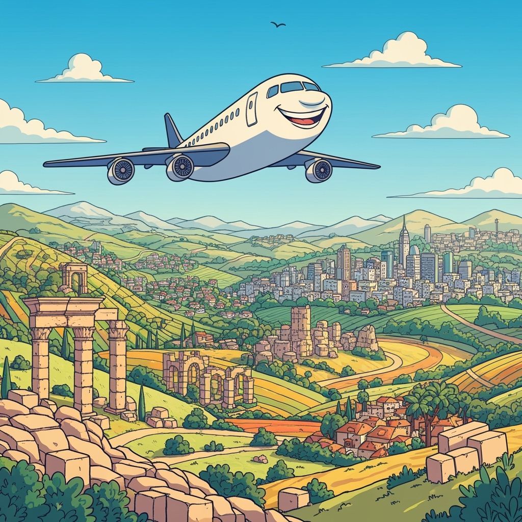 Smiling Airplane Over Vibrant Israel Landscape Illustration