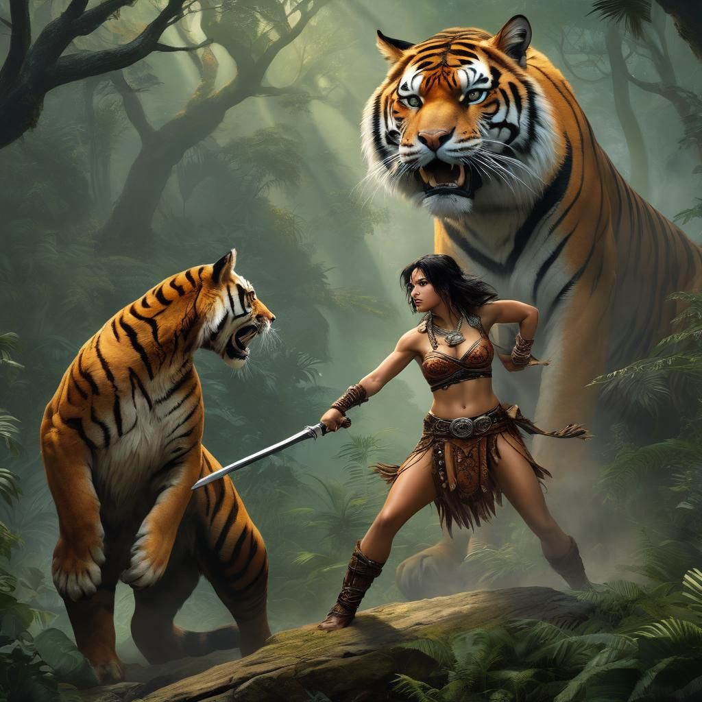 painting of a woman standing next to a tiger, fighting fanta...