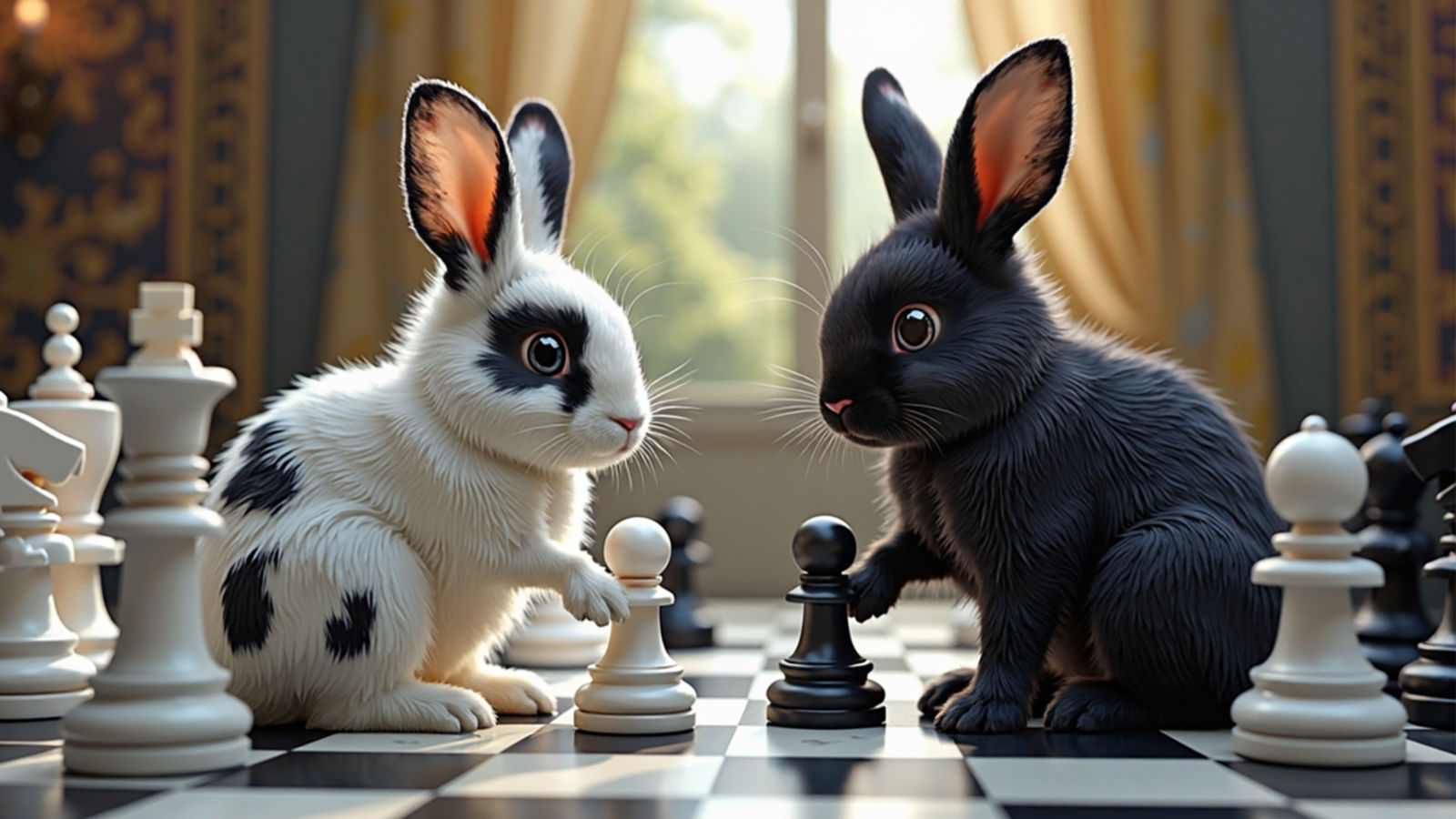 White and Black Chess Bunnies