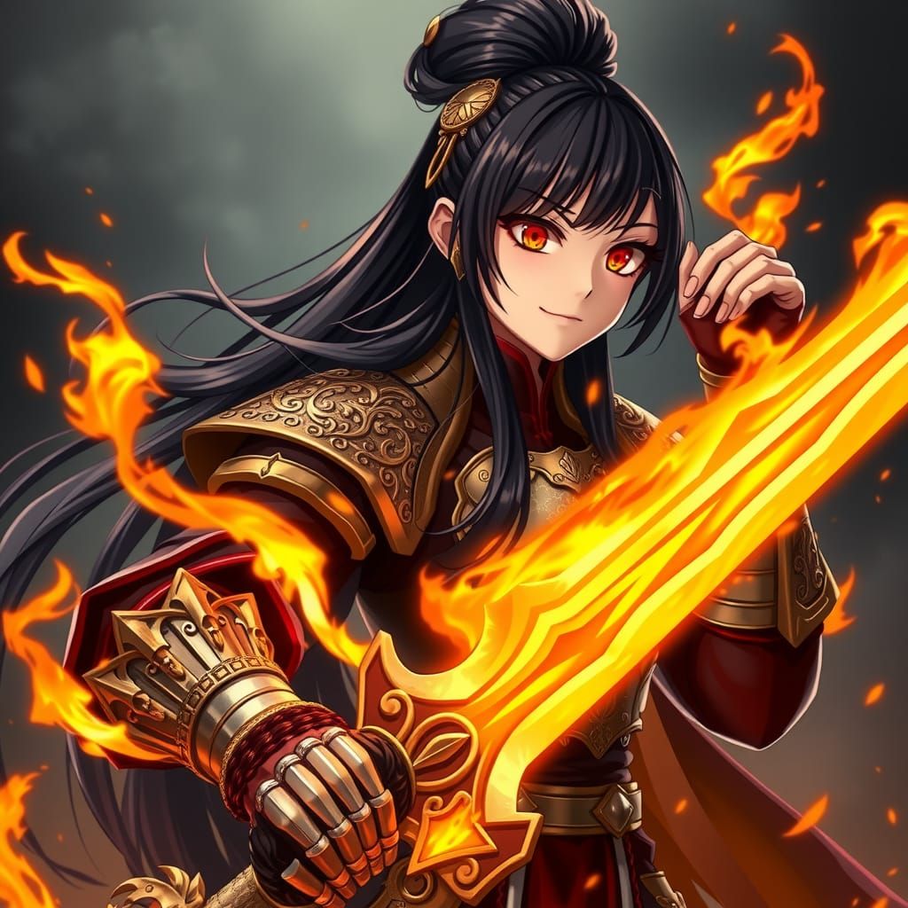 A female warrior with black hair in a bun and orange eyes, wearing heavy armor and holding a great sword made of fire detailed
